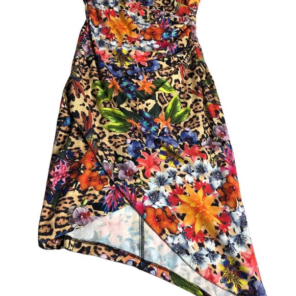 Nicole Miller Collection Dress Womens P Tropical Floral Animal Print Faux Wrap - Picture 3 of 16